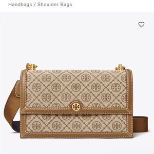 Tory Burch Beige/Tan Logo Jacquard Shoulder Bag with Gold Hardware